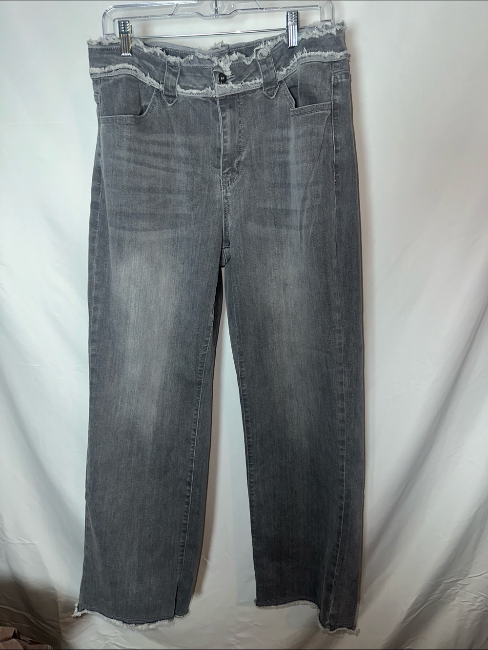 CHARLIE B Wide Leg Frayed Waist Grey Jeans